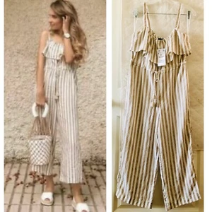 LETZTER NEU MIT ETIKETT ZARA SAND GESTREIFTER CULOTTE JUMPSUIT 9878/152 - Bild 1 von 12