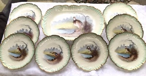 ANTIQUE AK LIMOGES FRANCE HAND PAINTED GAME BIRD PLATTER WITH  8 PLATES - Picture 1 of 12