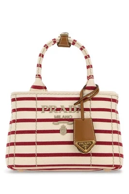 PRADA Striped Embroidered White Red Canvas Shopper Top Handle Bag New - Image 1 of 4