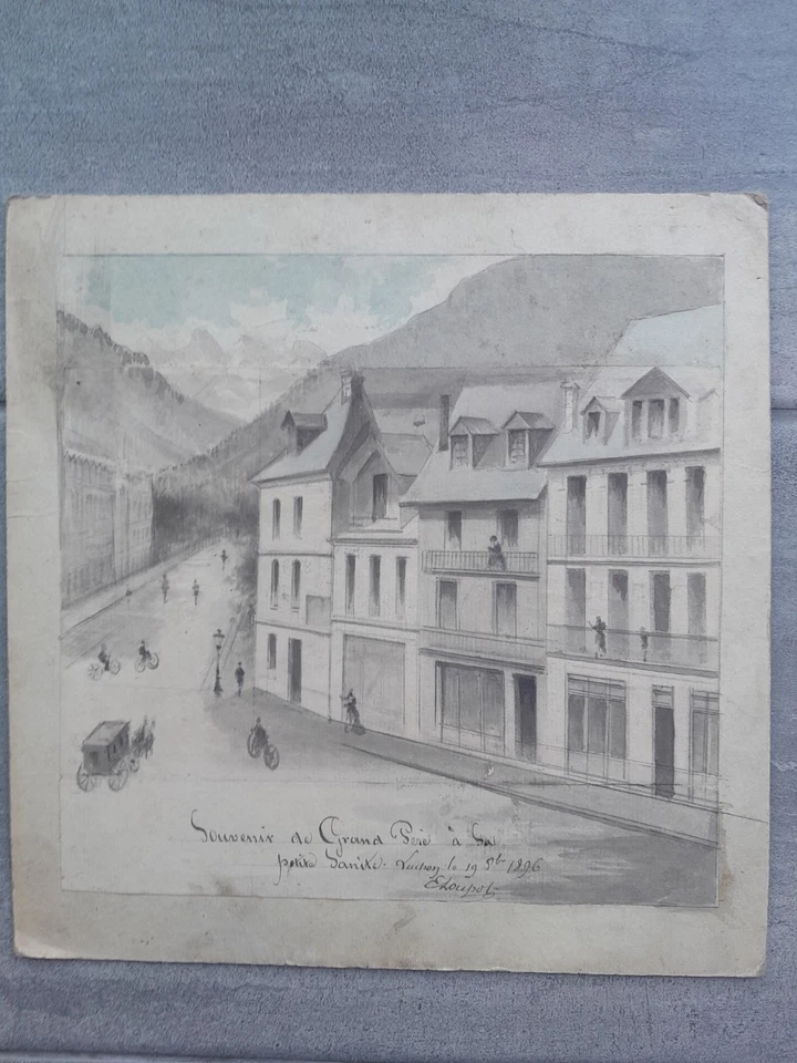 dessin ancien 19è village scène montagne Luchon - Photo 1/3