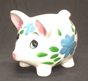 Ceramic Sweet Little Piggy Coin Bank White Pink Green Flowers W/Stopper 4” Tall - Picture 1 of 8