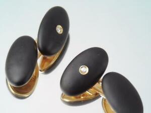 ANTIQUE ART NOUVEAU SOLID 14K GOLD BLACK ENAMEL & DIAMOND CUFFLINKS RARE