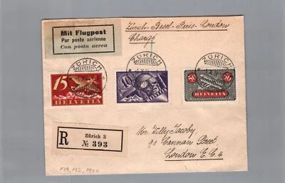 Suiza correo aéreo / correo aéreo de Zúrich a Londres con Mi.Nr. 179, 182 + 184x - Imagen 1 de 2