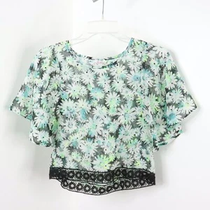 Justice Girl's L Semi-Sheer Crochet Trim Sparkle Floral Batwing Blouse Top - Picture 1 of 7