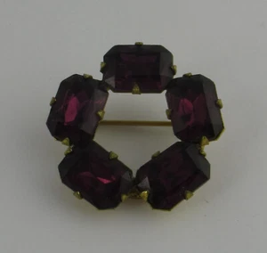 Unusual Gilt Metal Mizpah Costume Jewellery Amethyst Glass 5 Stone Circle Brooch - Picture 1 of 3