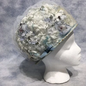 Vintage MOD Bubble Hat Blue 1960 Go-Go White Tulle Handmade Elizabeth Taylor - Picture 1 of 10