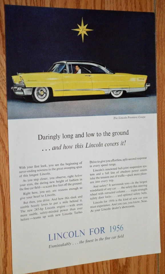 1956 LINCOLN PREMIERE COUPE ORIGINAL VINTAGE ANÚNCIO IMPRESSO ANÚNCIO-56 AMARELO - Imagem 1 de 1