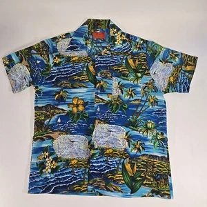 Vintage Sears Kings Roads Shirt Men's Large Perma-prest Blue Floral Hawaiian Med - Picture 1 of 7