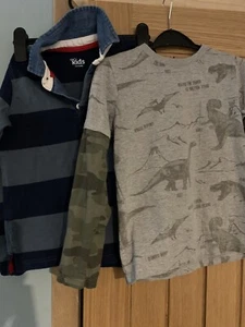 2 x Boys Long-Sleeved Tops 7-8 Years - Striped Polo Shirt / Grey Dinosaur - M&Co - Picture 1 of 9