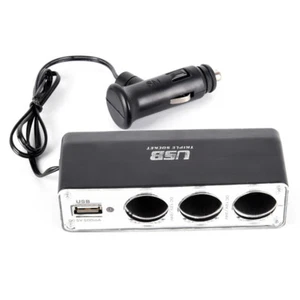 Triple Socket Splitter Cigarette Lighter Adapter Plug & USB Port 3 Way Ch^^i - Zdjęcie 1 z 9