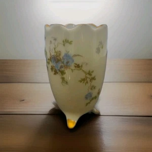 VTG Cracked Egg 3 Footed Porcelain Vase Blue Flowers Gold Trim Toothpick Holder - Picture 1 of 13