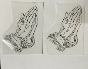 Set Of 2 Praying hands Pray Rhinestone Iron On Hot Fix Transfer Silver Color - Picture 1 of 6
