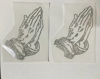 Set Of 2 Praying hands Pray Rhinestone Iron On Hot Fix Transfer Silver Color - Image 1 of 4