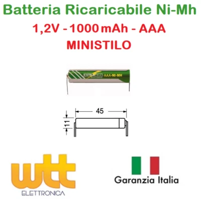 EXTRACELL Pila Batteria Ministilo AAA 1000mAh ricaricabile NiMh con lamelle a saldare