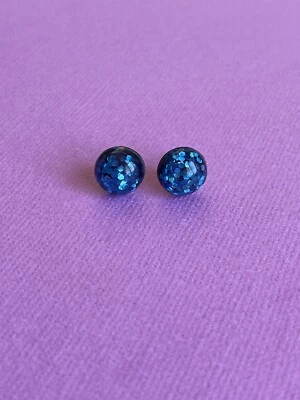 Blue Glitter Resin Dome Stud Earrings, Surgical Stainless Steel, 10mm, Sparkly - image 1 of 4