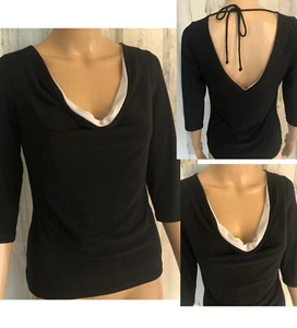 White House Black Market Black Jersey Knit Top Sz S Back Ties White Accent - Picture 1 of 8