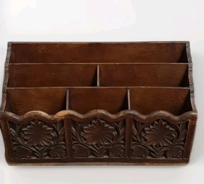 Vintage Lerner Caddy Faux Carved Wood Desktop Letter Holder Mail Organizer  - Image 1 of 4