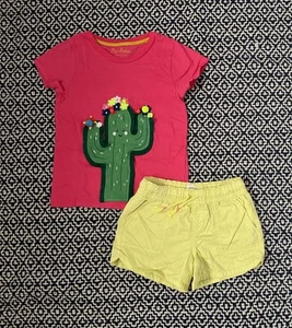 Mini Boden Girls Pink Cactus Tshirt Appliqué & Yellow Twill shorts Size 7/8 - Picture 1 of 3