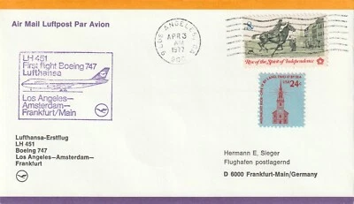 1977 USA cover First Flight B747 LUFTHANSA Los Angeles - Amsterdam -Frankfurt - Image 1 of 2