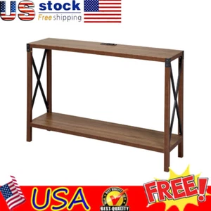 Rectangular Wood Console Table Multifunction Metal W/ AC Power USB Charging Port - Picture 1 of 8