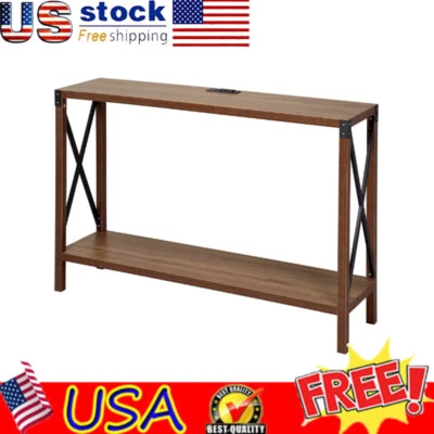 Rectangular Wood Console Table Multifunction Metal W/ AC Power USB Charging Port - Image 1 of 4
