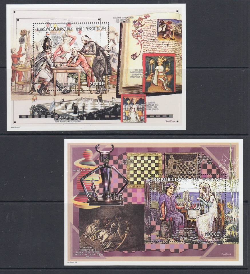 Chad Sc 798J-800A MNH. 1999 Chess Champions, 2 sheets of 9 plus 2 souv sheets VF - Image 1 of 3