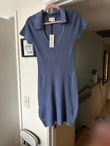 Freshman 1996 M Sz M Rib Knit Short Sleeve V-Neck Collar Midi Powder Blue Dress - Picture 1 of 10