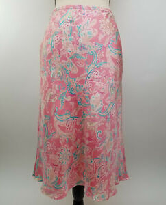 Ann Taylor Size 2 Bias Cut Silk Skirt Pink Coral Aqua Paisley Lined Modest Tiny