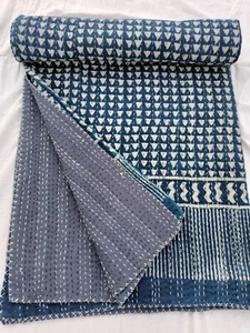 Indian Blue Block Print King Size Cotton Kantha Quilt Throw Blanket Bedspread - Picture 1 of 6