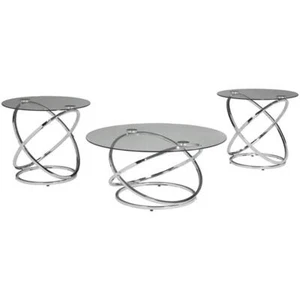 Ashley Furniture Modern Hollynyx 3 Piece Glass Top Coffee Table Set in Chrome - Picture 1 of 1