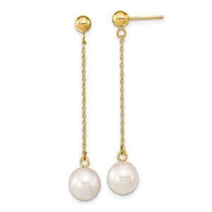14K Yellow Gold 7-8mm White Freshwater Cultured Pearl Drop & Dangle Earrings - Picture 1 of 4