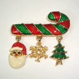 Vintage Signed TARA Enameled Gold Tone Xmas Brooch Pin - Dangle Charms *ESTATE* - Picture 1 of 4