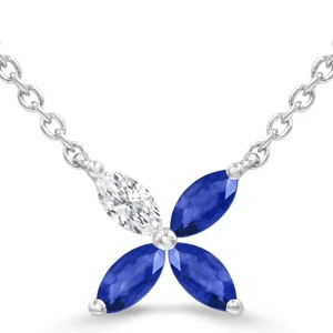 0.4 CT Marquise Blue Sapphire Floral Necklace 14K White Gold - Picture 1 of 2
