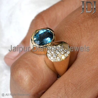 Double Cut White Diamond Blue Topaz Gemstone Solid 14k Yellow Gold Jewelry Ring - Image 1 of 4