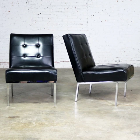 Paoli Chair Co. Black Naugahyde Chrome MCM Slipper Chairs Style Florence Knoll Cover