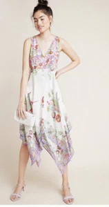 NWT Anthropologie Analise Floral Midi Dress Bird Handkerchief Hem Ivory Purple 6 - Picture 1 of 1