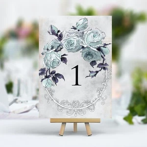 Vintage Style Wedding Table Numbers Names Cards - Shabby Chic Blue Flower Rose - Picture 1 of 4