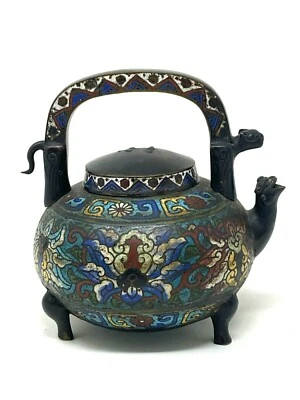 Théière Bronze Cloisonné & Chine & Chinoise & Ancienne & Signée & Asiatique  - Photo 1/4