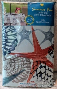 NEW VINYL UMBRELLA ZIPPER TABLECLOTH 60 x 84 BEACH HOUSE SEA SHELLS STAR FISH  - Picture 1 of 1