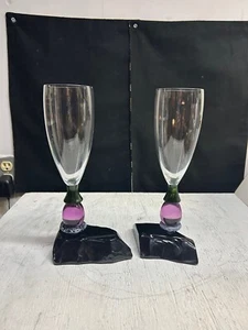 Steven Maslach Black Latticino Black Studio Art Glass Champagne Flutes 1 Pair - Picture 1 of 4