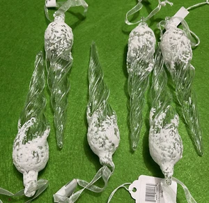 6 Blown Glass 6" ICICLES ornaments - Frosty Morning (Snow Topped) - NEW w/Tag - Picture 1 of 9