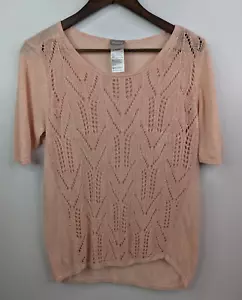 Chico's Pointelle-Stitch Blush Peach Short Sleeve Light Sweater Size 1 Medium - Picture 1 of 9
