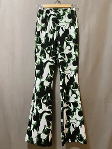 NWOT ZARA Women Elastic Waist Mid-Rise Stretch Jacquard Flared Pants SZ S Green - Picture 1 of 13