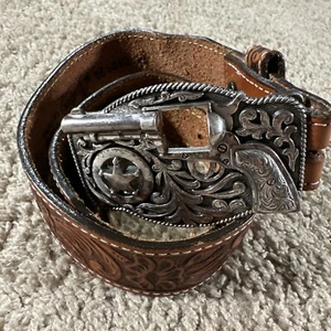 Justin Belt Youth 16 Brown Floral Top Grain Leather Pistol Buckle Western USA - Picture 1 of 10