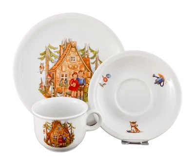 Kindergeschirr Set 3-teilig Porzellan Kindergedeck DDR Märchen Hänsel und Gretel - Bild 1 von 4
