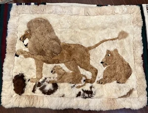 Vintage  Peruvian 100% Alpaca Fur Tapestry Rug Hand-made 48.x 60”  Lion Family - Picture 1 of 13