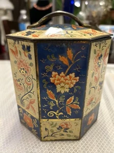Vintage Sharps Toffee Tin Lid Octagon Floral Blue Orange White Gold 5-3/4" - Picture 1 of 7