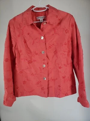Blazer Rafael Coral 100% Seda Floral Bordado Botón Chaqueta Talla 10 Pequeña Foto 1 de 4