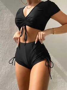 Bikini de cintura alta con cordón para mujer, traje de baño liso ropa de playa