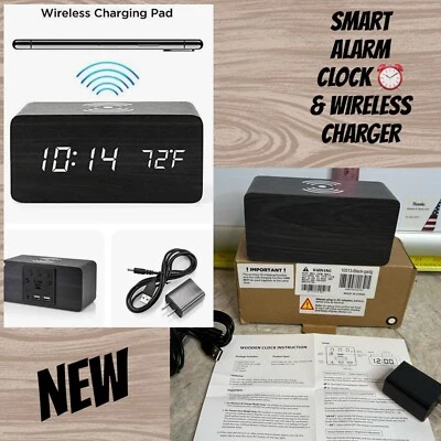Wood smart Alarm Clock w Qi Wireless Charging Pad Voice Activated Display Temp - Image 1 of 4
